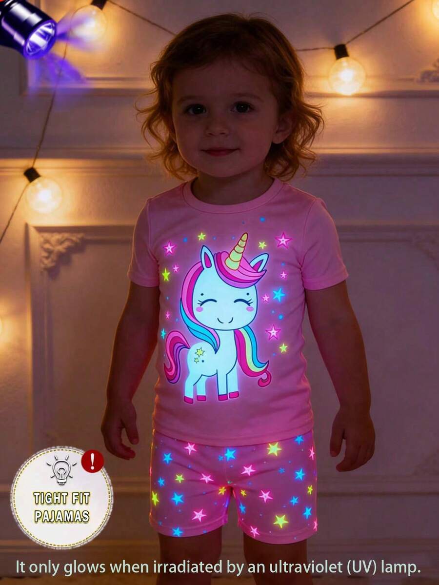 2pcs/Set Young Girl' Unicorn Print Snug Fit Short Sleeve Shorts Pajama Set, Navy - Baby Pink - View 1