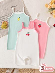 SHEIN 3pcs/Set Romper Bayi Perempuan Motif Buah Musim Panas, Gaya Manis dan Lucu Warna Hijau dan Putih, Nyaman Dipakai, Cocok untuk Liburan, Jalan-jalan Sehari-hari & Pemotretan - MultiWarna - View 3