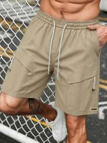 Manfinity LEGND Men's Loose Solid Casual Shorts, Urban Style Drawstring Waist, Daily & Weekend Wear - Khaki - View 4