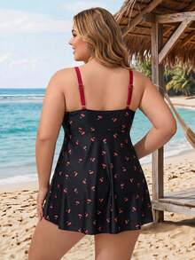 SHEIN CURVE+ Swim Mod 2026 New Plus Size Cherry Print Casual Cute Tankini Swimsuit Set - Black - View 2
