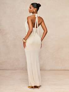 Lumalex Women's Elegant Beige Summer Sequin Tassel Decor Backless Bodycon Maxi Dress,Halter Hollow-Out Mermaid Hem Pearl Dress For Party Night Birthday Party - Apricot - View 9