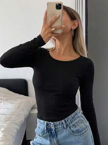Livesso Áo thun dài tay ôm sát, màu trơn, hở lưng, dành cho nữ, kiểu dáng thường ngày. - màu đen - Xem 4