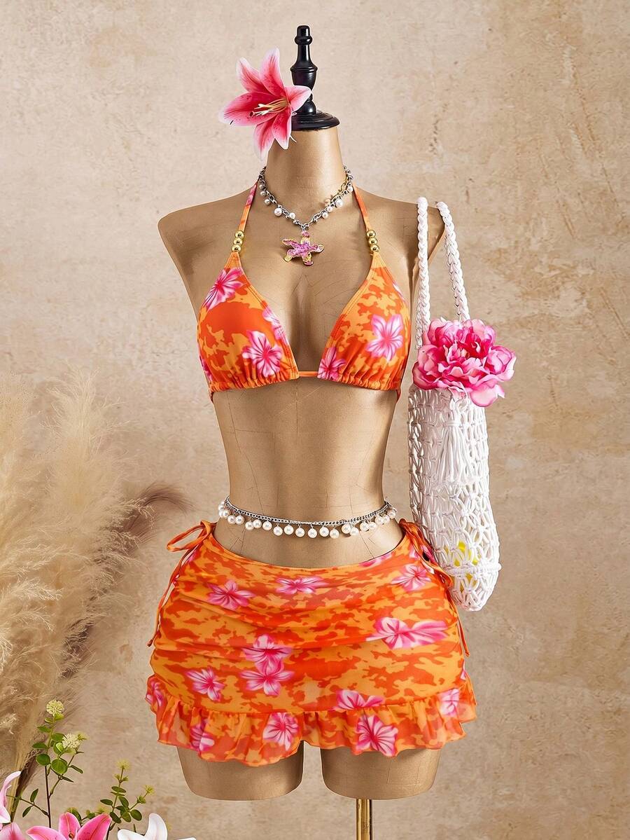 Bellisia Bộ 3 món đồ bơi nữ họa tiết báo & hoa in ngẫu nhiên, cổ yếm tam giác, viền bèo nhún - trái cam - Xem 1
