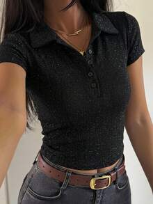 DAZY 女款領口短袖修身休閒套頭T恤，性感街頭風夏季款 - 黑色 - 查看 6