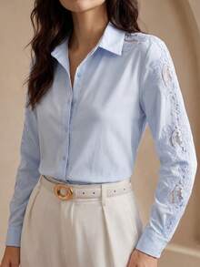 Anewsta Elegant Lace Embroidery Patchwork Blue Blouse Shirt, Loose Casual Design, Suitable For Spring - Blue - View 3