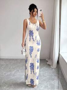 SHEIN Elenzya Exquisite Printed Chinoiserie Waist-Cinching Slit Luxurious Retro Middle Eastern UAE Style Robe, Tight Fit, Multi-Color, Sleeveless - Baby Blue - View 3