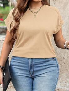 SHEIN LUNE Plus Size Casual Solid Color Short Sleeve T-Shirt, Summer - Khaki - View 1