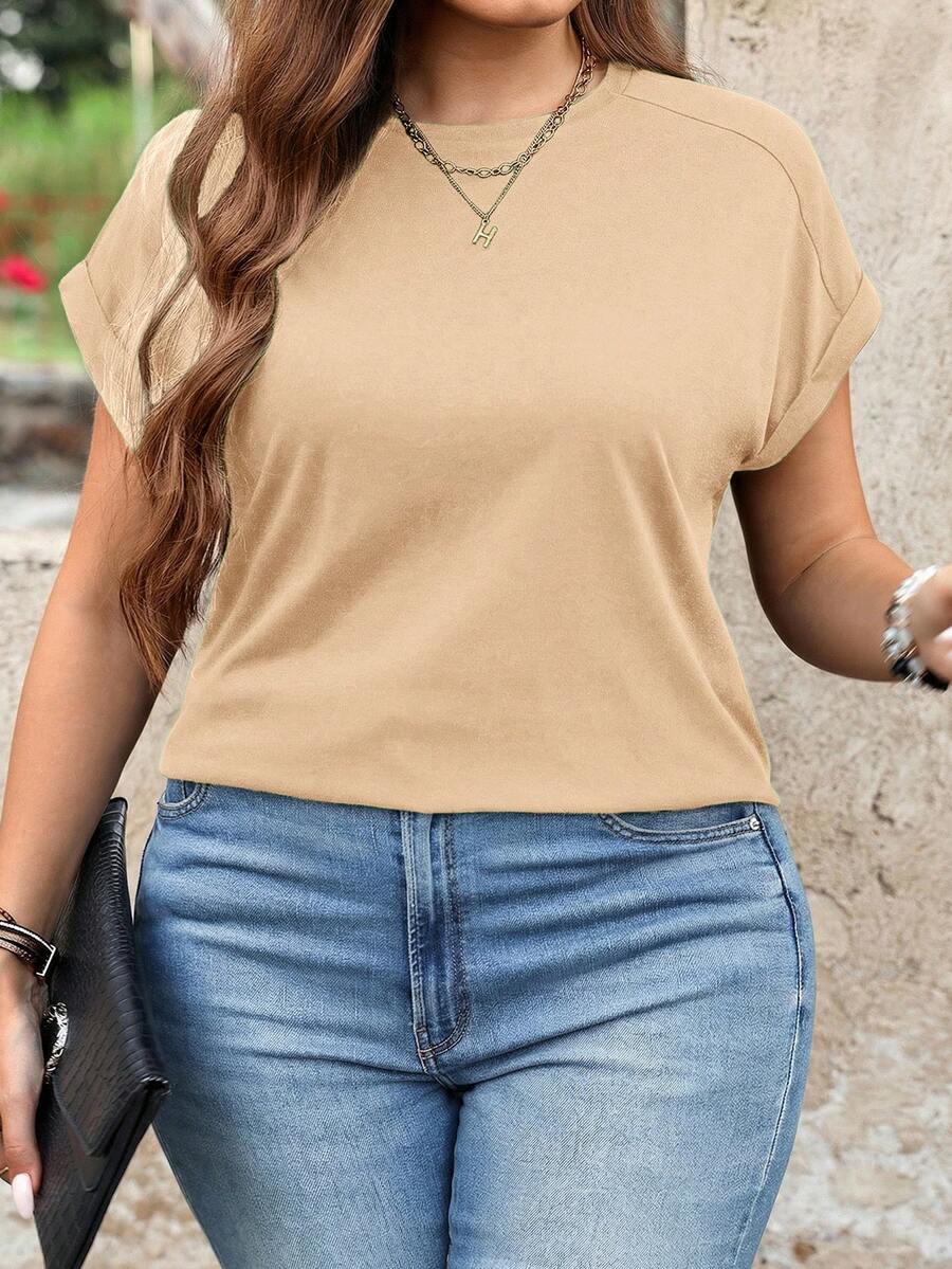 SHEIN LUNE Plus Size Casual Solid Color Short Sleeve T-Shirt, Summer - Khaki - View 1