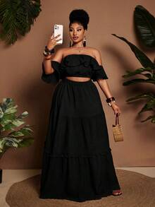 Maweii Plus Size Women's 2026 Black Summer Boho Vacation Holiday Textured Off-Shoulder Ruffle Crop Top & Multi-Layer Slit Maxi Skirt 2-Piece Set - Black - View 4