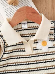 SHEIN Young Girl Striped Collared 3D Floral Casual Vest - Khaki - View 4