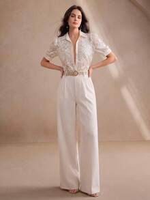 Anewsta New Summer Floral Embroidery & Beaded Decoration Symmetric Blouse For Women - Beige - View 4