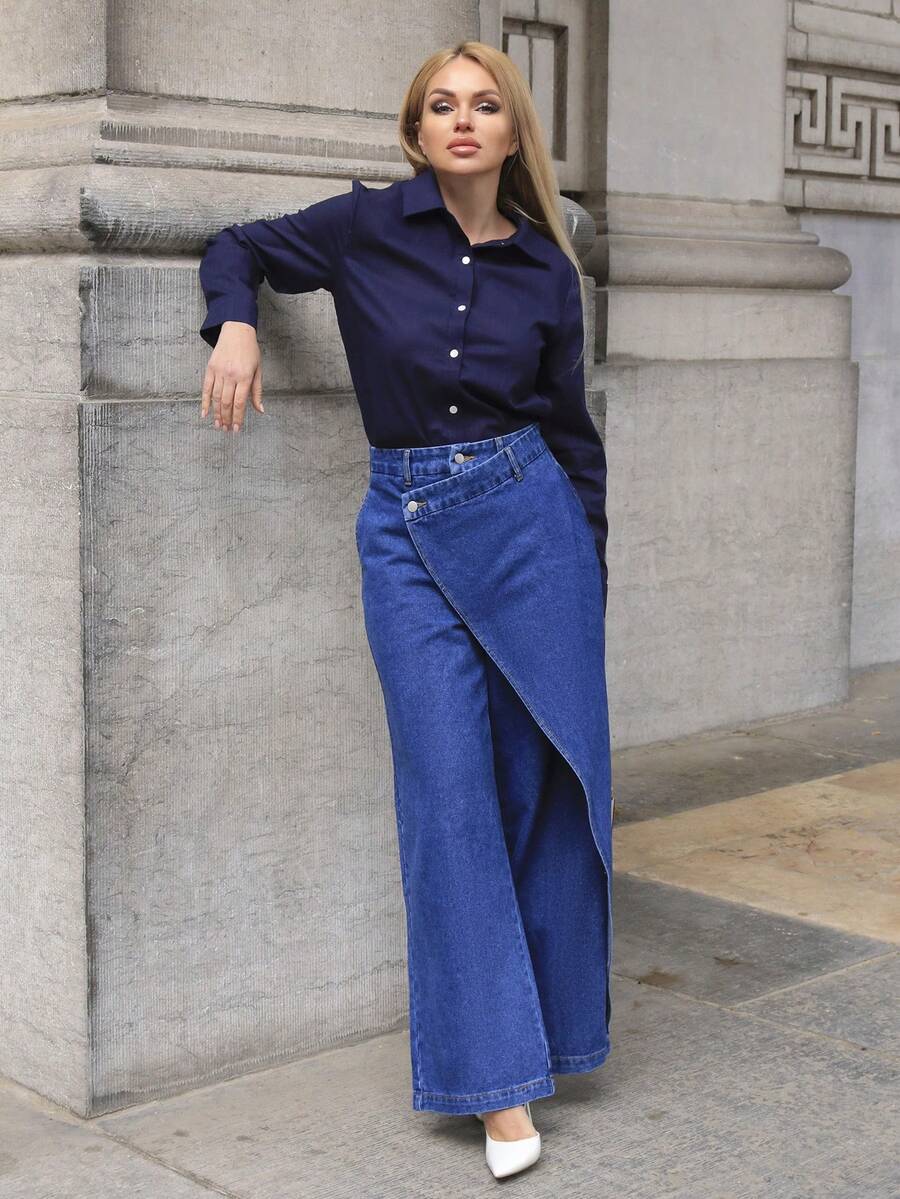 Elenary Edit New Asymmetrical Design Women's Jeans, Suitable For Valentine's Day And Mother's Day Casual - Blue - View 1