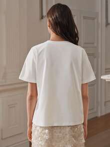Anewsta Women's White Butterfly Embroidery T-Shirt, Casual Everyday & Date Outfit, Spring/Summer - White - View 2