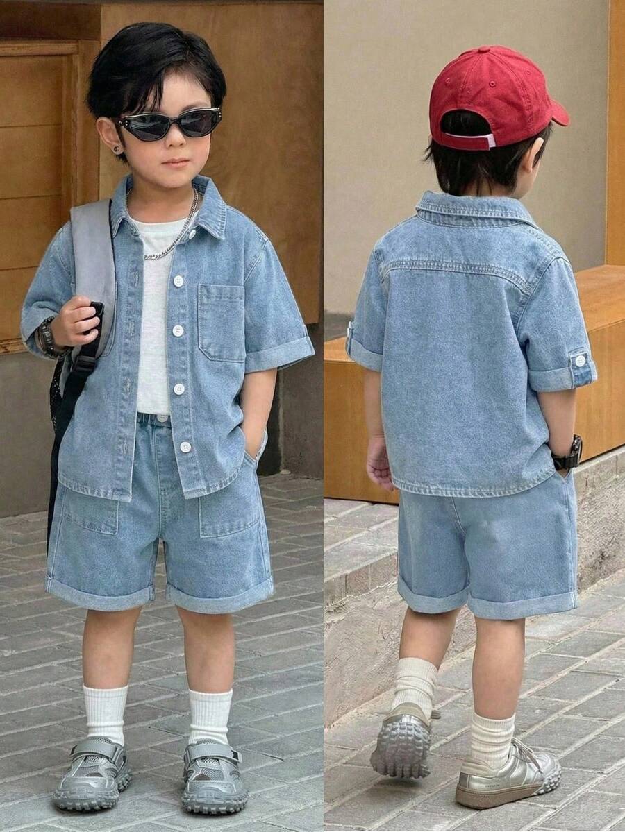 SHEIN Set Baju dan Celana Pendek Denim Biru untuk Bayi Laki-laki (2 potong) - Light Wash - View 1