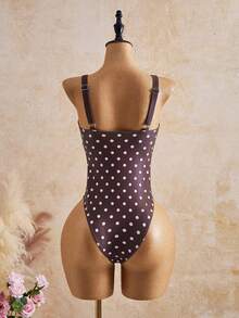 Swim Mod Bộ đồ bơi liền thân in chấm bi tươi tắn và ngọt ngào dành cho nữ, mẫu Xuân Hè 2026, chất liệu vải, viền tương phản, dây rút hình nơ, thích hợp cho kỳ nghỉ biển, tiệc trà chiều, dã ngoại, tiệc tùng, mặc hàng ngày và mặc ở nhà. - màu nâu - Xem 7