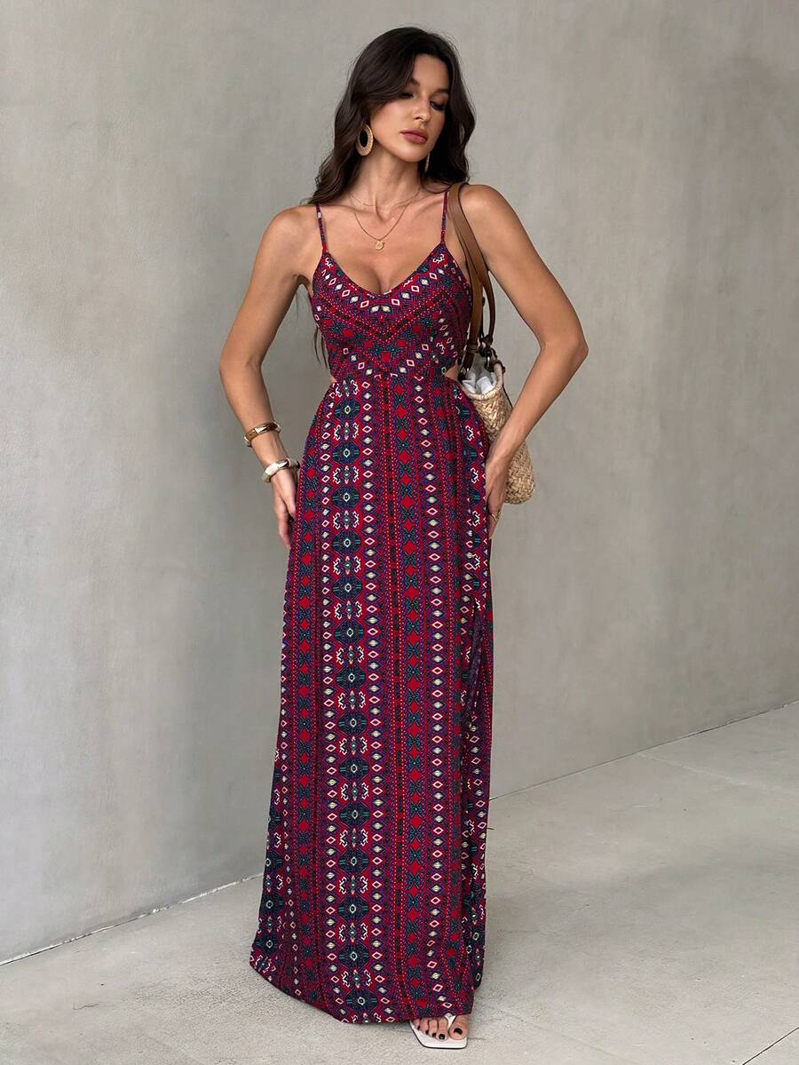 SHEIN Tall Women's Geometric Print Fashionable Sexy Spaghetti Strap Vacation Dress - Red - View 1