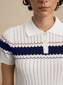 Nima Coro Women's Coastal Preppy Collared Button-Down Short Sleeve Ribbed Hollow-Out Knit Blouse, Summer Tea Party Travel White And Red Top - White - View 5