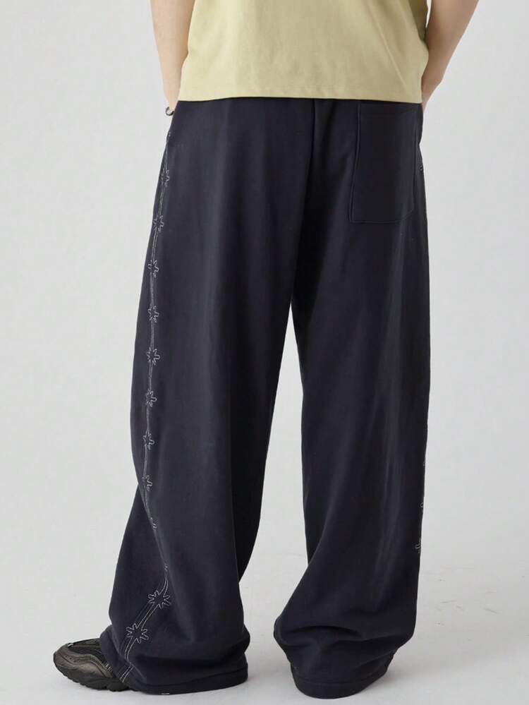 Navy Blue Side Seam Embroidered Pattern Elastic Waist Long Pants For Men
