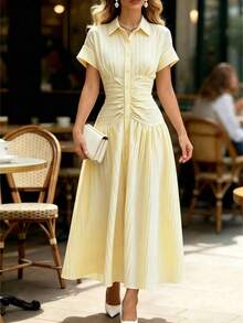 Modelyn French Design Collared Pleated Striped Long Dress For Women - Light Yellow - View 4