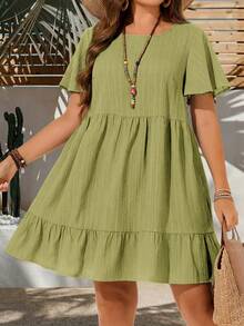 EMERY ROSE Plus Size Vacation Casual Solid Color Short Sleeve Dress, Summer Outfits For Women, Easter Bohemia, Rave Outfit Curve, Country Concert - Green - View 3