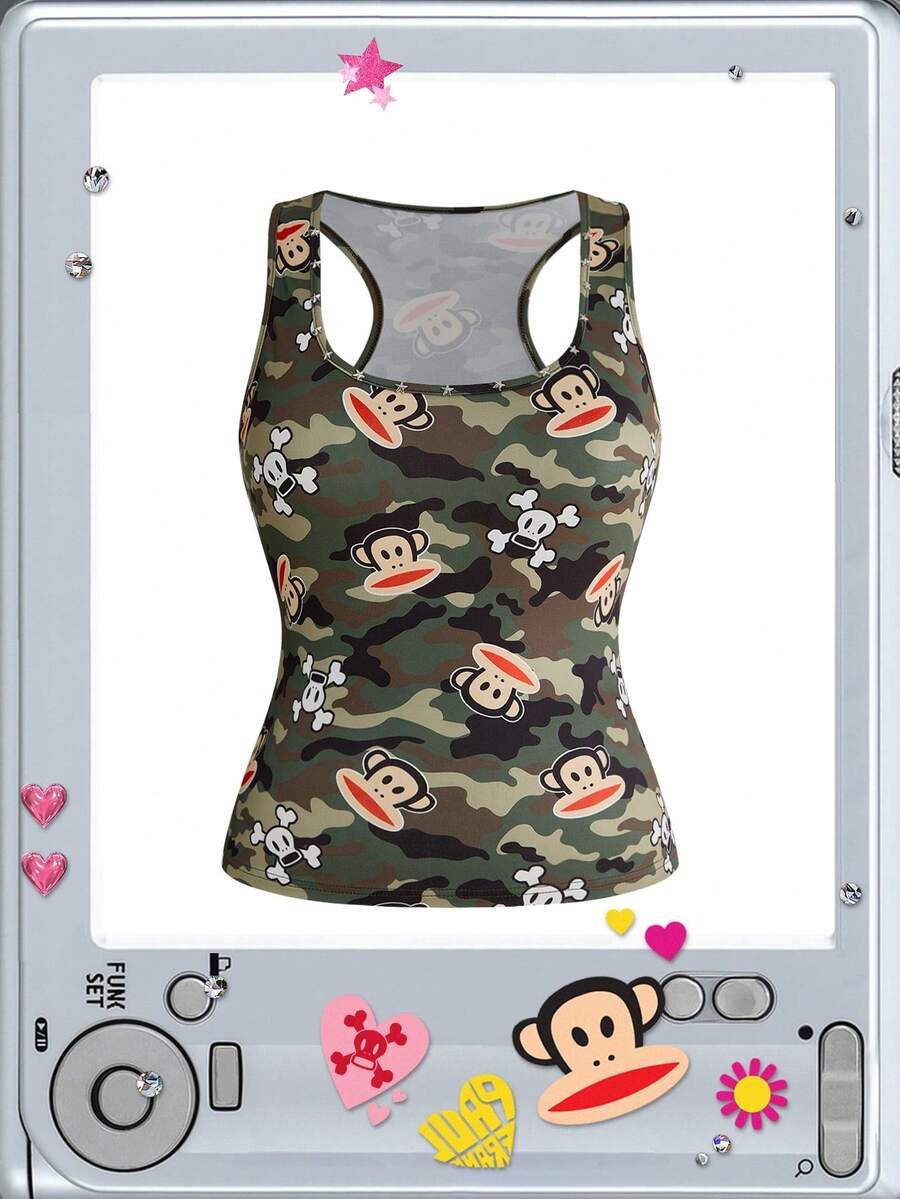 Paul Frank X ROMWE Plus Size Cartoon & Camouflage Print Fitted Summer Punk Graphic Muscle Tank Top - White - View 1