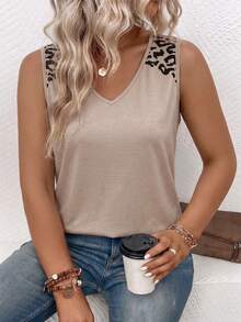 EMERY ROSE Women's Leopard Print V-Neck Casual Versatile Tank Top, New Arrival Spring/Summer - Khaki - View 6