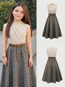 Vestido sin mangas de niña preadolescente con parches de unicolor y estampado - Gris - Ver 2