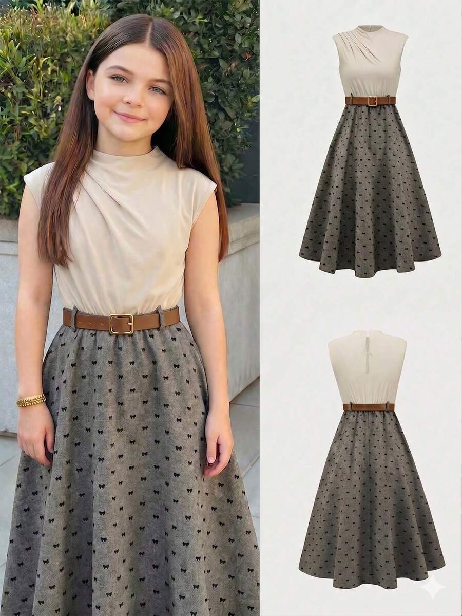 Vestido sin mangas de niña preadolescente con parches de unicolor y estampado