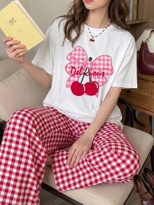 SHEIN 少女针织印花T恤和格子裤休闲睡衣套装 - 紅白色 - 查看 3