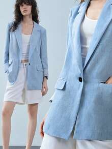 Lumivelle 女士春夏时尚亚麻质感纯色翻领长袖袖口条纹拼接西装外套，通勤/外出/纯色西装外套/度假外套 - 藍色 - 查看 7