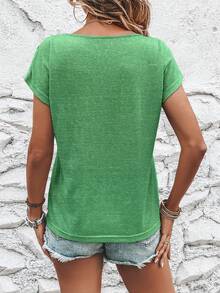 EMERY ROSE Women's Button Decor Round Neck Short Sleeve T-Shirt - Green - View 2