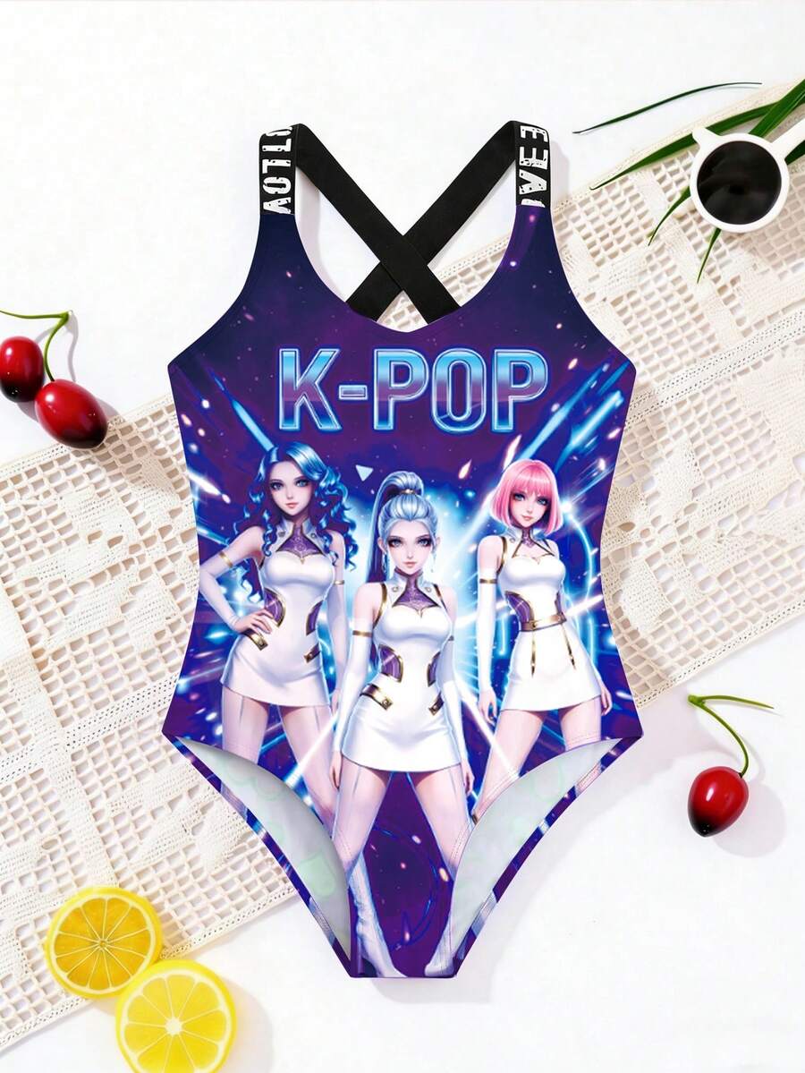 SHEIN 少女字母和肖像印花连体泳衣 - 彩色 - 查看 1