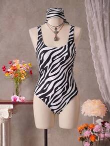 SHEIN Swim Plus Size 2pcs/Set Women Colorful Zebra Print One-Piece Swimsuit With Printed Mesh Headscarf, Summer Beach Holiday - Black and White - View 8