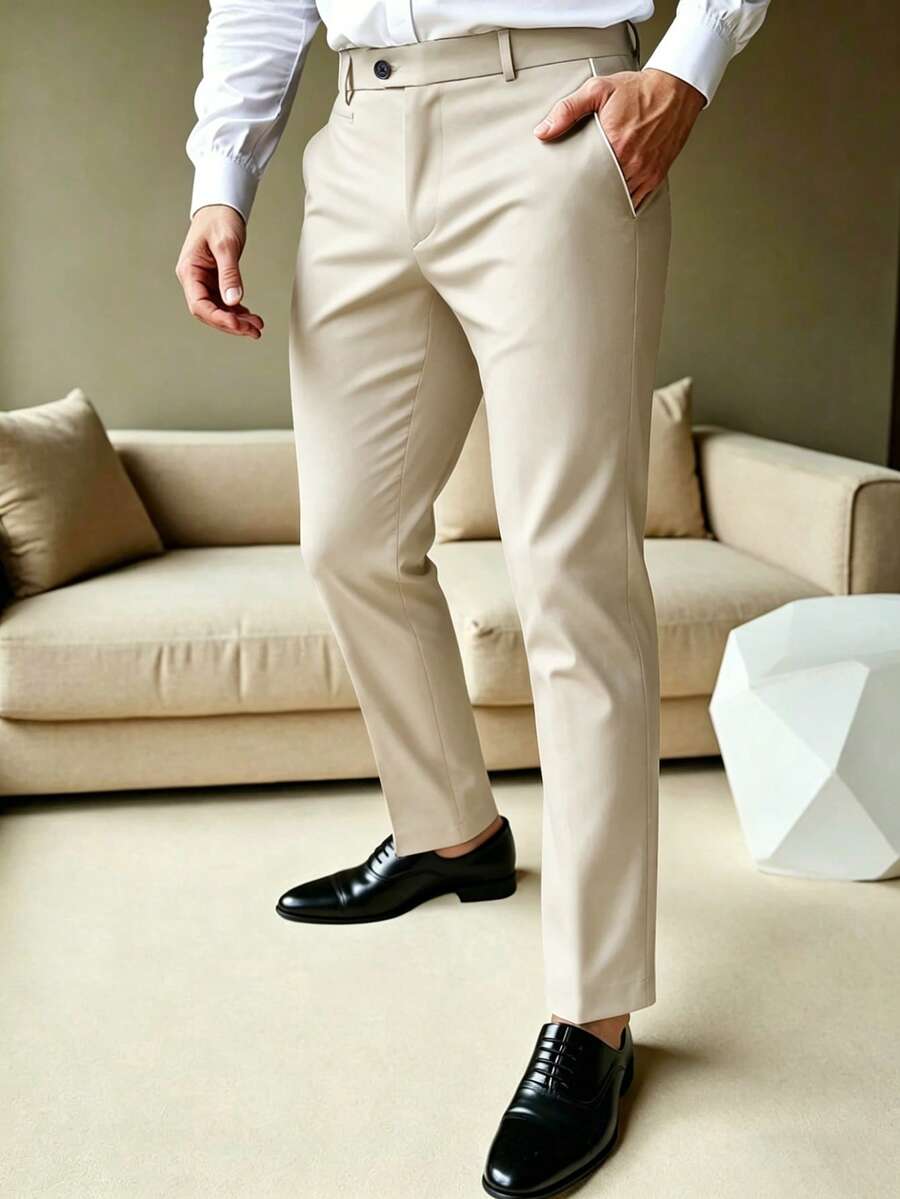 Calvornis 男士商務休閒西裝褲,口袋設計,送給男友或丈夫的完美禮物。男士素色錐形修身正式獨特款,適用於典禮 - 米色 - 查看 1