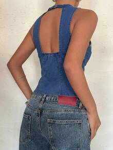 Aloruh Áo denim nữ thời trang, đa năng, khoét lỗ, gợi cảm, có khóa kéo - Rửa nhẹ - Xem 2