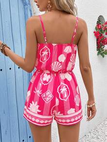Vivid Eden Women's Summer Beach Vacation Tropical Palm Tree & Shell Colorblock Striped Print Drawstring Romper - Red and White - View 3