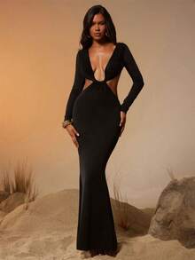 Hauture Women's Sexy Deep Neck Backless Long Sleeve Maxi Dress With Gold Sequin Chain Decor - Black - View 2