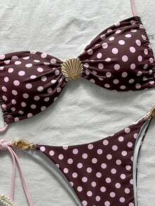 Swim Mod Random Color Spaghetti Strap Wireless Shell Decor Top And Side Tie Swim Shorts Women Summer Polka Dot Printed Bikini Set Set - Pink - View 5