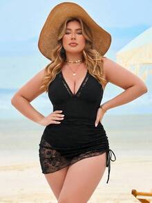 Swim Lushoire Plus Size Adjustable Black Mesh Patchwork Jumpsuit Dress - Black - View 3