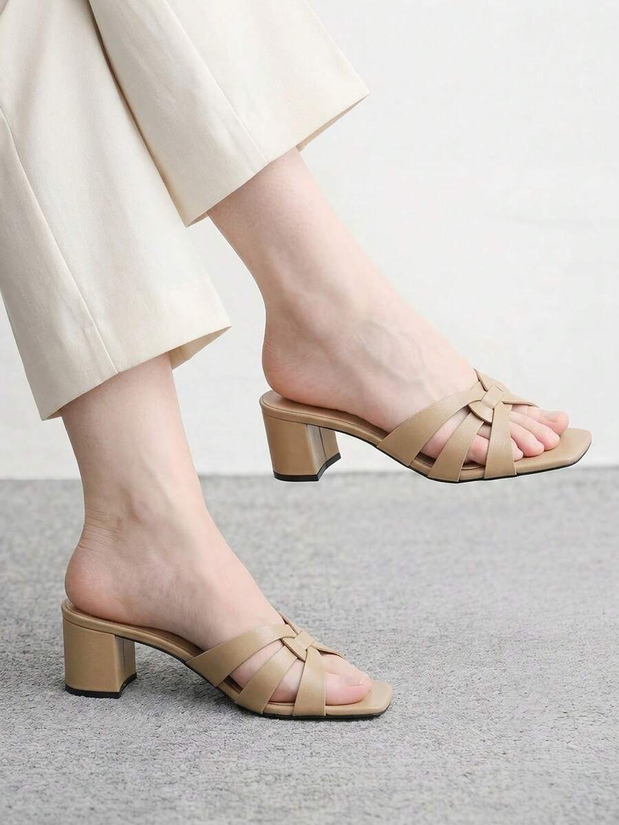 CUCCOO BIZCHIC 女士卡其色交叉绑带高跟凉鞋,方头舒适高跟凉鞋,通勤款凉鞋,夏季鞋履 - 卡其色 - 查看 1