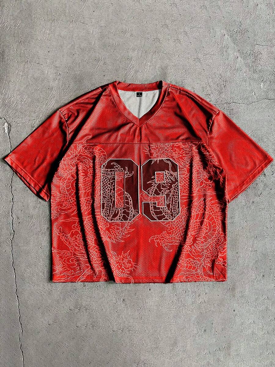 AXEPEAK Camiseta de manga corta con cuello en V y bordado numérico casual y de moda para hombre, de verano - Rojo - Ver 1