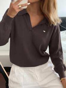 Livesso Women's Solid Color Integrated Knit Collar Polo Neck Casual Commuter Knit Top, Spring/Summer - Coffee Brown - View 6