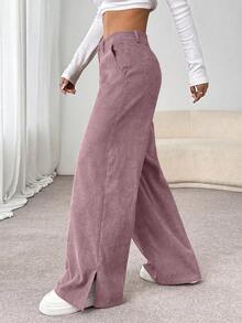 Unity Pantalones largos rectos y sueltos con abertura lateral de pana de moda casual para mujer, para otoño/invierno - Rosa Pálido - Ver 6