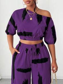 Maweii Conjunto de 2 piezas de talla grande con estampado y cuello asimétrico - Morado - Ver 6