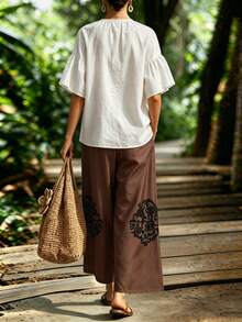 EMERY ROSE Summer Countryside Casual Vacation Bohemian Print Textured V-Neck Ruched Splice Drop Shoulder Blouse And Wide Leg Loose Pants 2-Piece Set For Women - Multicolor - View 2