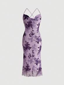 ROMWE Fairycore Women's Elegant Floral Print Spaghetti Strap Backless Fitted Dress, Vacation Style - Purple - View 2