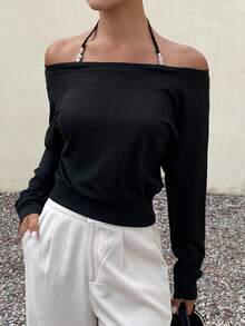 Livesso Women's Solid Color Minimalist Daily Wear Halter Top - Black - View 3