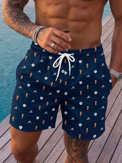 VIVINTIMO Quần short đi biển nam in hình cá ngựa, vỏ sò, sóng biển, lót lụa sữa giả xuyên thấu, thích hợp cho kỳ nghỉ trên đảo, khu nghỉ dưỡng Hawaii.