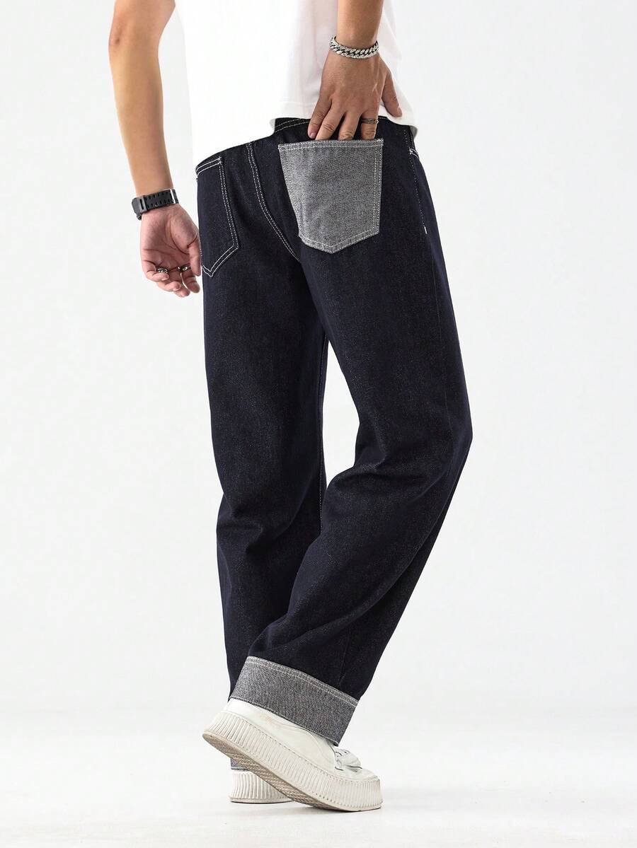 Chillumni Quần jeans nam ống rộng dáng suông, màu xanh đậm, phối nhiều mảnh vải, kiểu dáng thường ngày. - Rửa tối - Xem 1