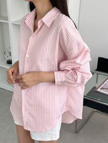 DAZY Striped Drop Shoulder Shirt,Fall Clothes Long Sleeve Top - Baby Pink - View 7